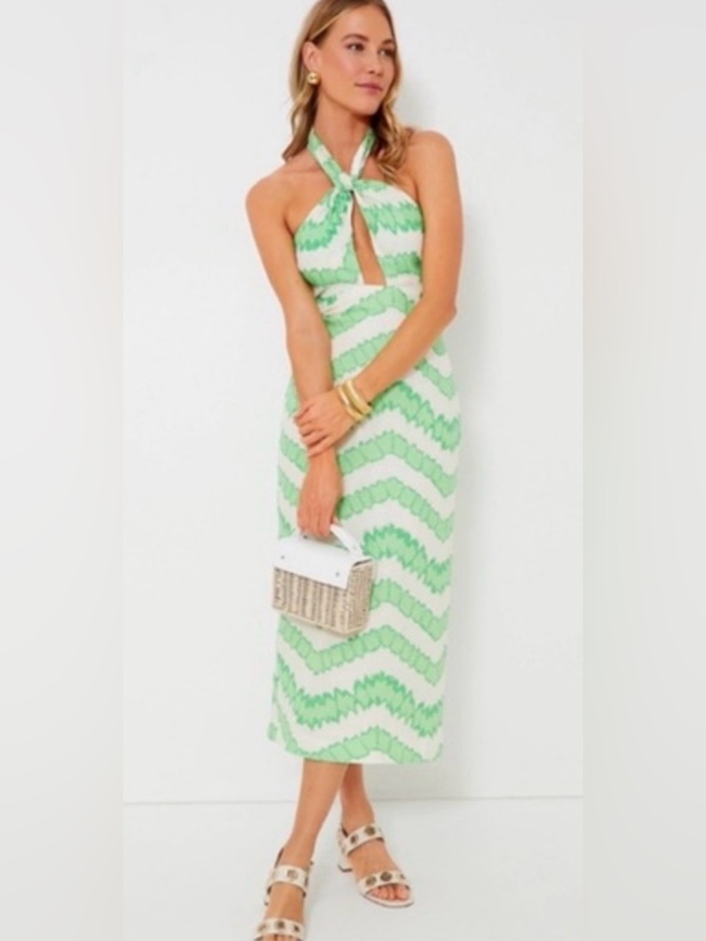 RHODE Green and White Halter Sundress